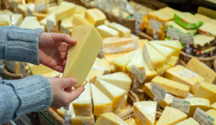 Hand mit einem Stück Käse