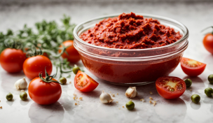 Tomatenmark umgeben von seinen Zutaten