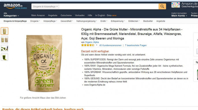 Angebot, Honest Nutrition Organic alpha Grüne Mutter auf amazon.de, Screenshot 03.02.2016