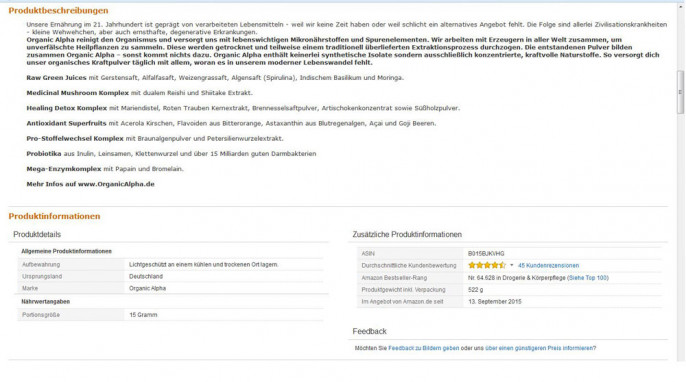 Produktbeschreibung, Honest Nutrition Organic alpha Grüne Mutter auf amazon.de, Screenshot 03.02.2016