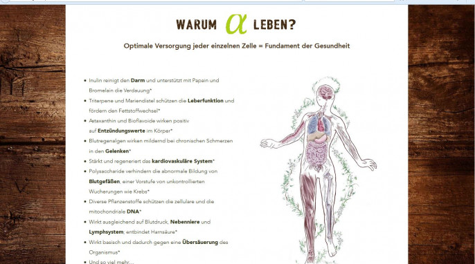 Eigenschaften, Honest Nutrition Organic alpha Grüne Mutter auf organicalpha.com, Screenshot 03.02.2016 