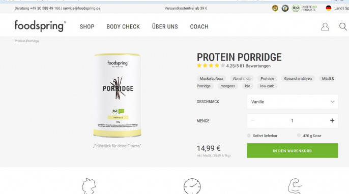 Angebot, foodspring Protein Porridge Vanille, foodspring.de 23.05.2017