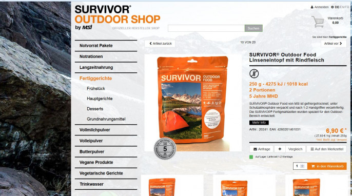Survivor Outdoor Food Linseneintopf mit Rindfleisch, Produktinformation, survivor-food.de, Screenshot vom 26.06.2017