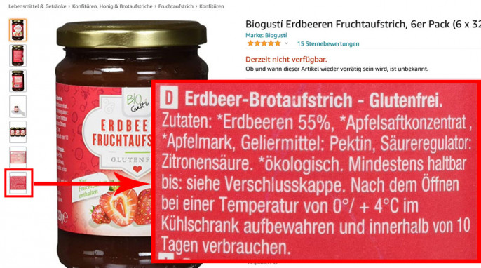 Zutaten, Biogusti-Erdbeeren Fruchtaufstrich, Abbildung amazon.de, 17.05.2021