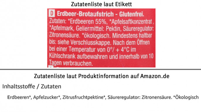 Zutaten, Biogusti-Erdbeeren Fruchtaufstrich, Abbildung amazon.de, und Produktinformation amazon.de, 17.05.2021