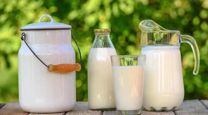 Milch in Krug, Eimer, Glas und Flasche