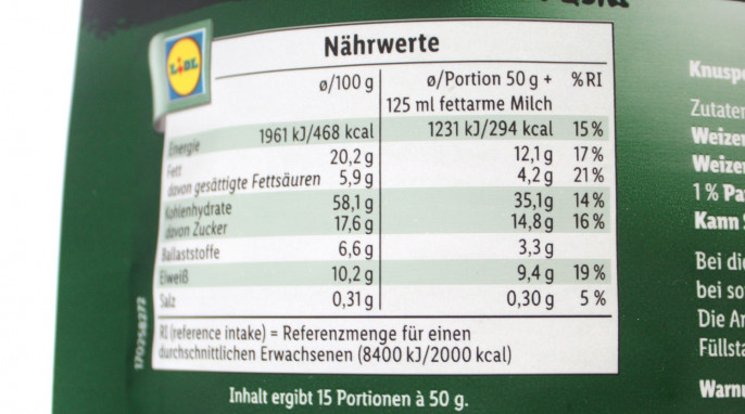 Nährwerte, Crownfield Premium Knuspermüsli Honig Nuss