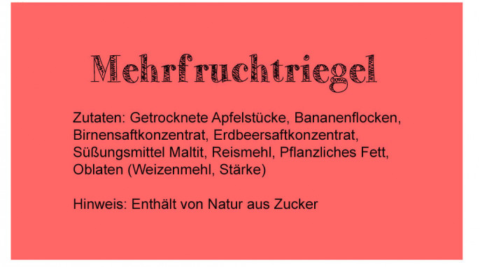 Zutaten, Mehrfruchtriegel mit 50 Prozent Frucht, ohne Zuckerzusatz