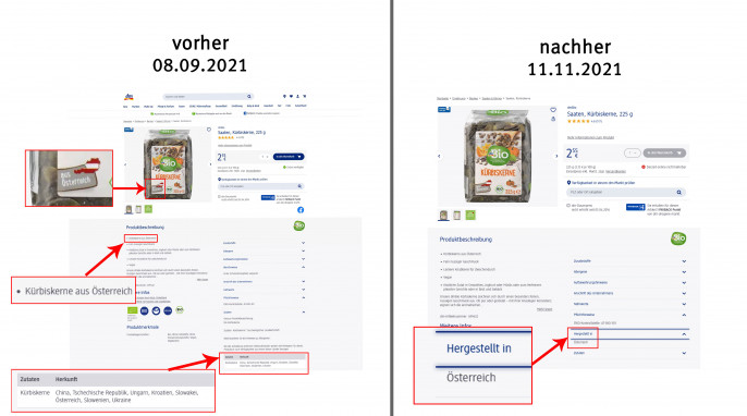 alt: Angebot Dm Bio Kürbiskerne, dm.de, 08.09.2021; neu: 11.11.2021