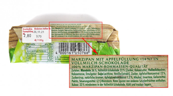 Bezeichnung + Zutaten, Niederegger Marzipan Brot Typ Apfel Streusel 