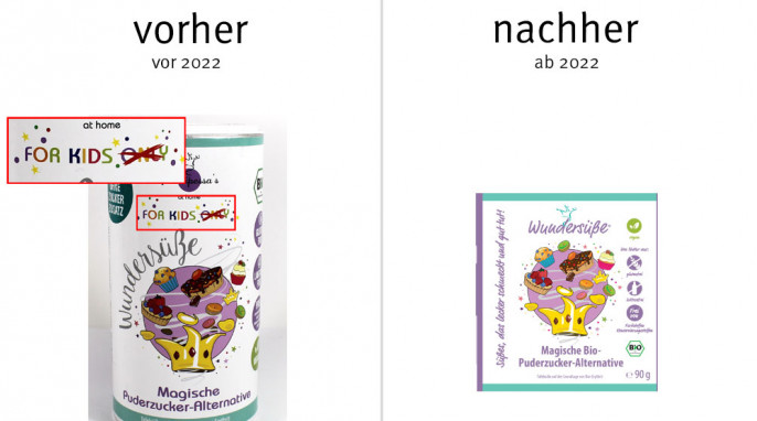 alt: Principessa’s Wundersüße Magische Puderzucker-Alternative, vor 2022; neu: Herstellerfoto, ab 2022