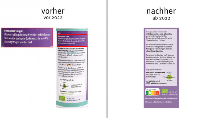 alt: Seitenansicht, Principessa’s Wundersüße Magische Puderzucker-Alternative, vor 2022; neu: Herstellerfoto, ab 2022