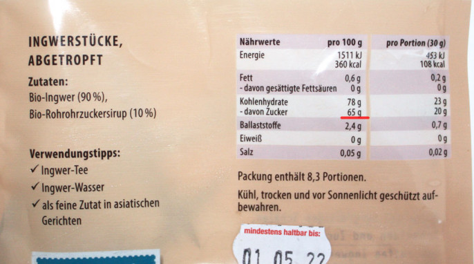 Rückseite, Reformhaus Ingwer Goldstücke, süße Schärfe