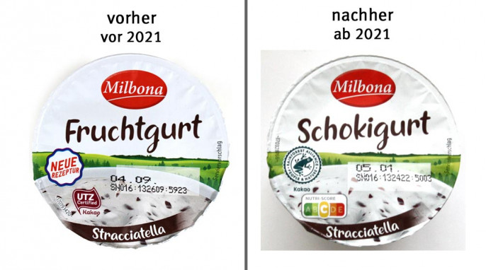 alt: Deckel, Milbona Fruchtgurt Stracciatella, 2020; neu: Schokigurt, 2021