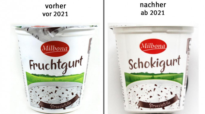 alt: Milbona Fruchtgurt Stracciatella, 2020; neu: Schokigurt, 2021