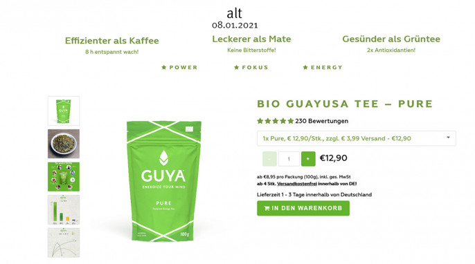 alt: Angebot Guy Pure Guayusa EnergyTea, drinkuya.com, 08.01.2021