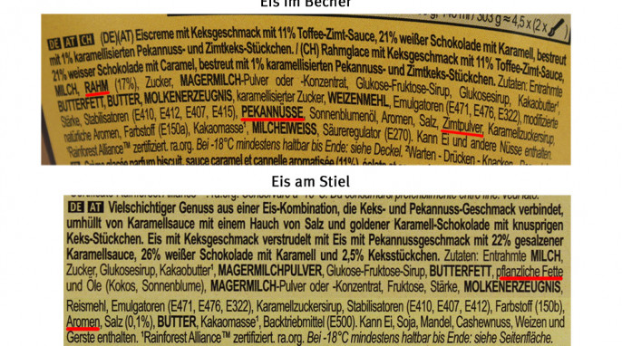 Zutaten, Langnese Magnum Double Gold Caramel Billionaire, rechts im Becher, links als Eis am Stiel