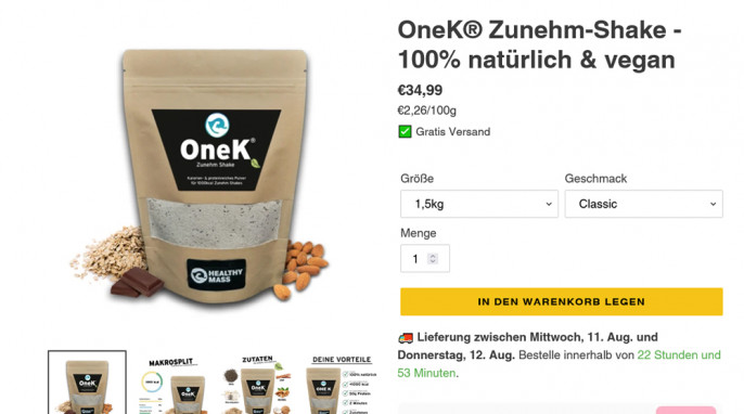 Angebot, „OneK Zunehm Shake“, healthymass.de/products/onek-zunehm-shake