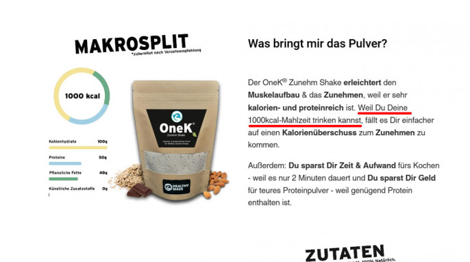 Versprechen 2, „OneK Zunehm Shake“, healthymass.de/products/onek-zunehm-shake