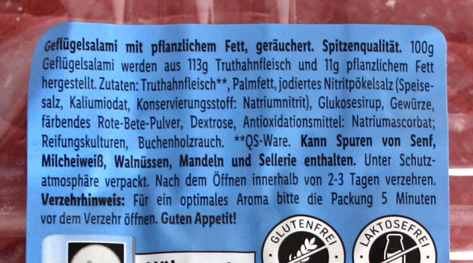 Zutaten, Dulano Leichte Geflügelsalami mit pflanzlichem Fett