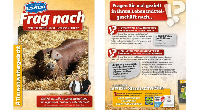 Metzgerei Esser, Flyer vierseitig „#Tierwohlweitergedacht“, Seiten 1+2