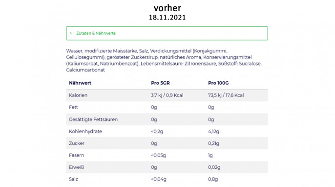alt: Zutaten + Nährwertangaben, Clean Foods Skinny Sauce Salty Caramel, cleanfoods.de, 18.11.2021