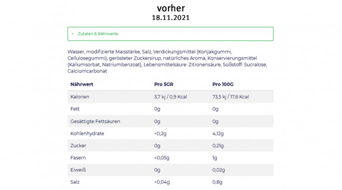 alt: Zutaten + Nährwertangaben, Clean Foods Skinny Sauce Salty Caramel, cleanfoods.de, 18.11.2021