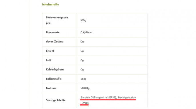 Inhaltsstoffe‚ Stevia kristallklar unsere Klassiker“, dein-naturshop.de, 16.06.2021