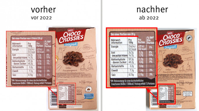 Rückseite, Nestlé Choco Crossies, 2 x 75 Gramm, vor 2022; neu: ab /2022