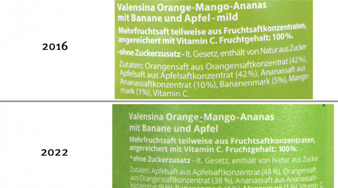 Bezeichnung + Zutaten, Valensina Mildes Frühstück Orange-Mango-Ananas, 2016, 2022 