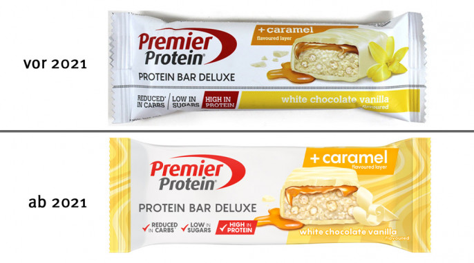 Premier Protein Bar Deluxe white chocolat vanilla, vor 2021; neu: ab 2021
