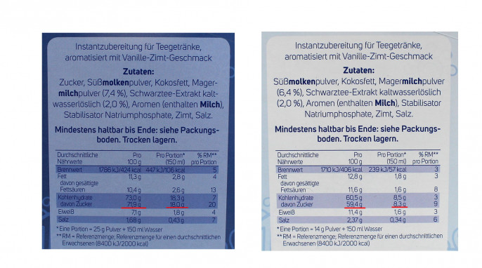 Nährwerte, Krüger Chai Latte, links klassische Variante, rechts Variante weniger süß