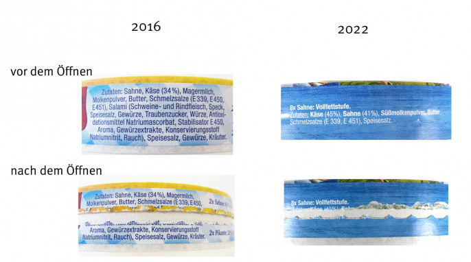 Seitenansicht, Milkana Käse 8 Ecken, 2016 und 2022