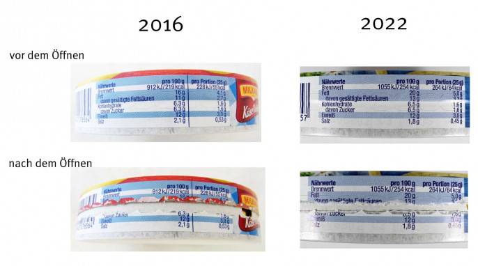 Seitenansicht, Milkana Käse 8 Ecken, 2016 und 2022