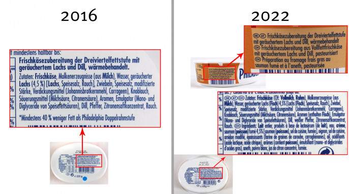 Bezeichnung + Zutaten, Philadelphia Balance Räucherlachs, 2016 und 2022 