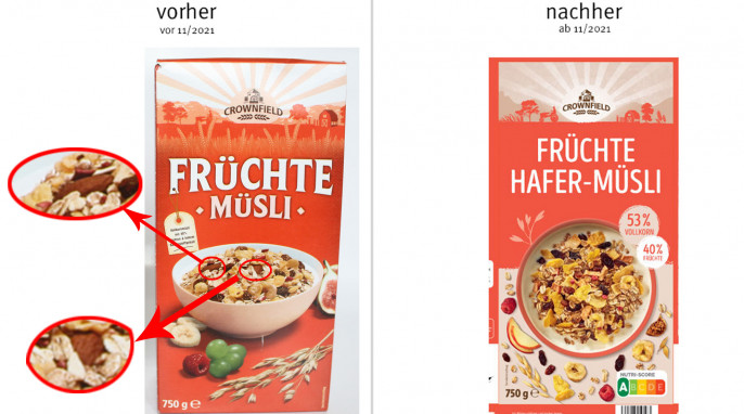 alt: Crownfield Früchte Müsli, vor 11/2021; neu: Crownfield Früchte Hafer-Müsli, ab 11/ 2021