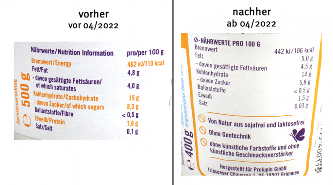 alt: Nährwerte und Füllmenge, Made with Luve, Lughurt Mango, vor 04/2022; neu: ab 04/2022