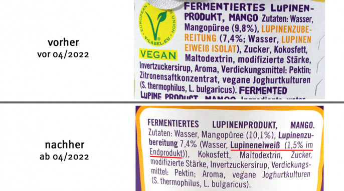 alt: Zutaten, Made with Luve, Lughurt Mango, vor 04/2022; neu: ab 04/2022