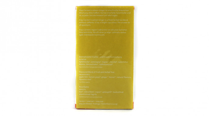 Rückseite und Zutaten, Frau Carsten’s Lemon Ginger