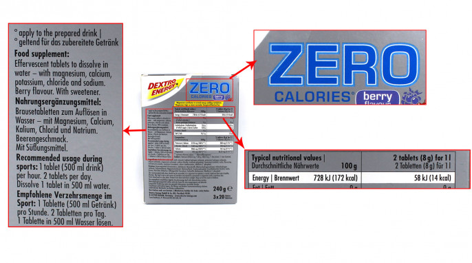 Dextro Energy* Zero Calories° Rückseite