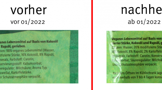 Bezeichnung und Zutaten, alt: Vemondo Veganer Reibegenuss, bis Januar 2022; neu: ab Februar 2022 