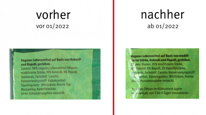 Bezeichnung und Zutaten, alt: Vemondo Veganer Reibegenuss, bis Januar 2022; neu: ab Februar 2022 