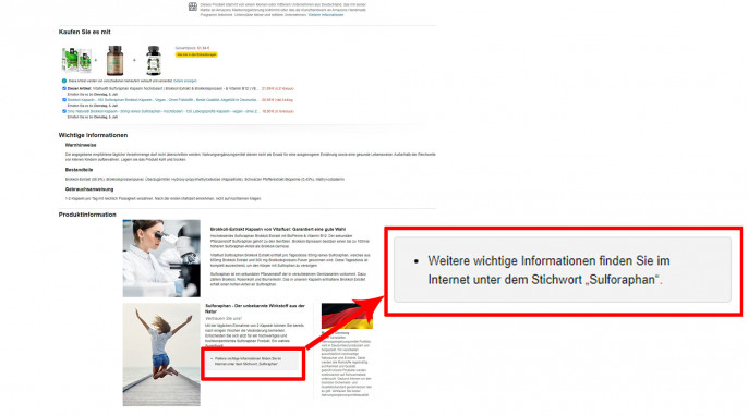 Produktinformation, Vitafuel® Sulforaphan Kapseln hochdosiert, amazon.de, 28.06.2022 