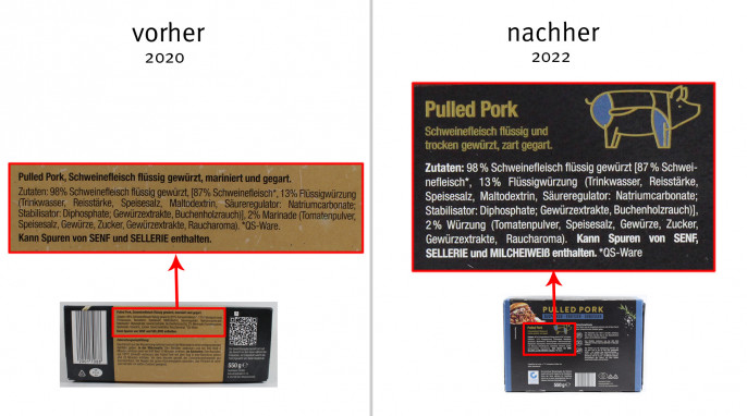 Alt: Bezeichnung und Zutaten, Landjunker Pulled Pork Fix & fertig , 2020; neu: Pulled Pork, 2022