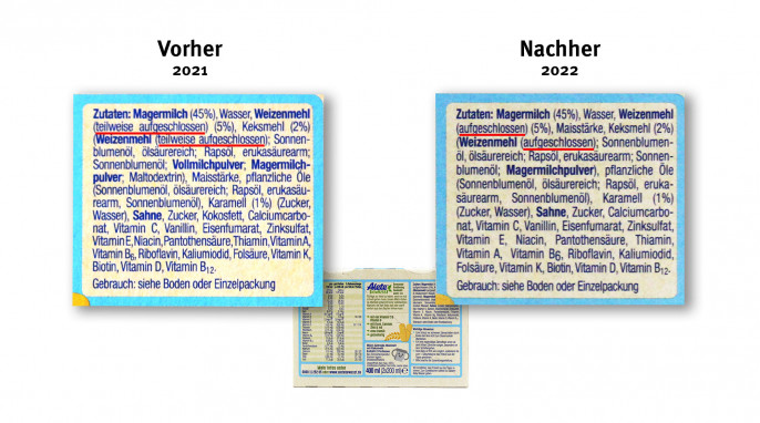 alt: Zutaten, Alete bewusst Milch-Getreide-Mahlzeit Keks, 2021; neu: 2022