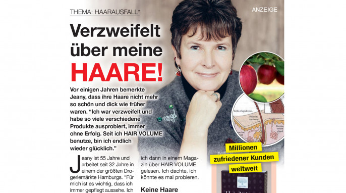 Anzeige „Verzweifelt über meine Haare“ in der Zeitschrift SUPERillu Nr. 33 vom 12.08.2021, S. 29   