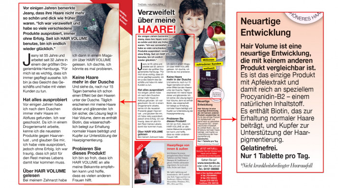 Anzeige „Verzweifelt über meine Haare“ in der Zeitschrift SUPERillu Nr. 33 vom 12.08.2021, S. 29   