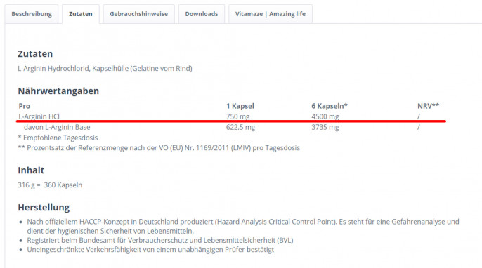 Zutaten, L-Arginin hochdosiert 4500 Kapseln, vitamaze.shop, 21.07.2022