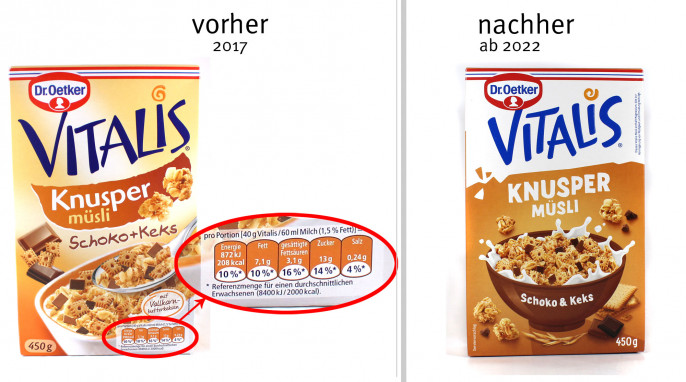 alt: Dr. Oetker Vitalis Knuspermüsli, 2017; neu: ab 2022 