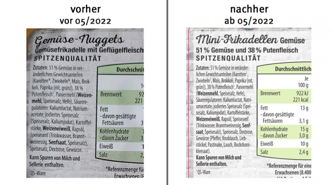 Zutaten, alt: Güldenhof Gemüse-Nuggets, bis 05/22; neu: Mini-Frikadellen Gemüse, ab 05/22 (Herstellerfoto)